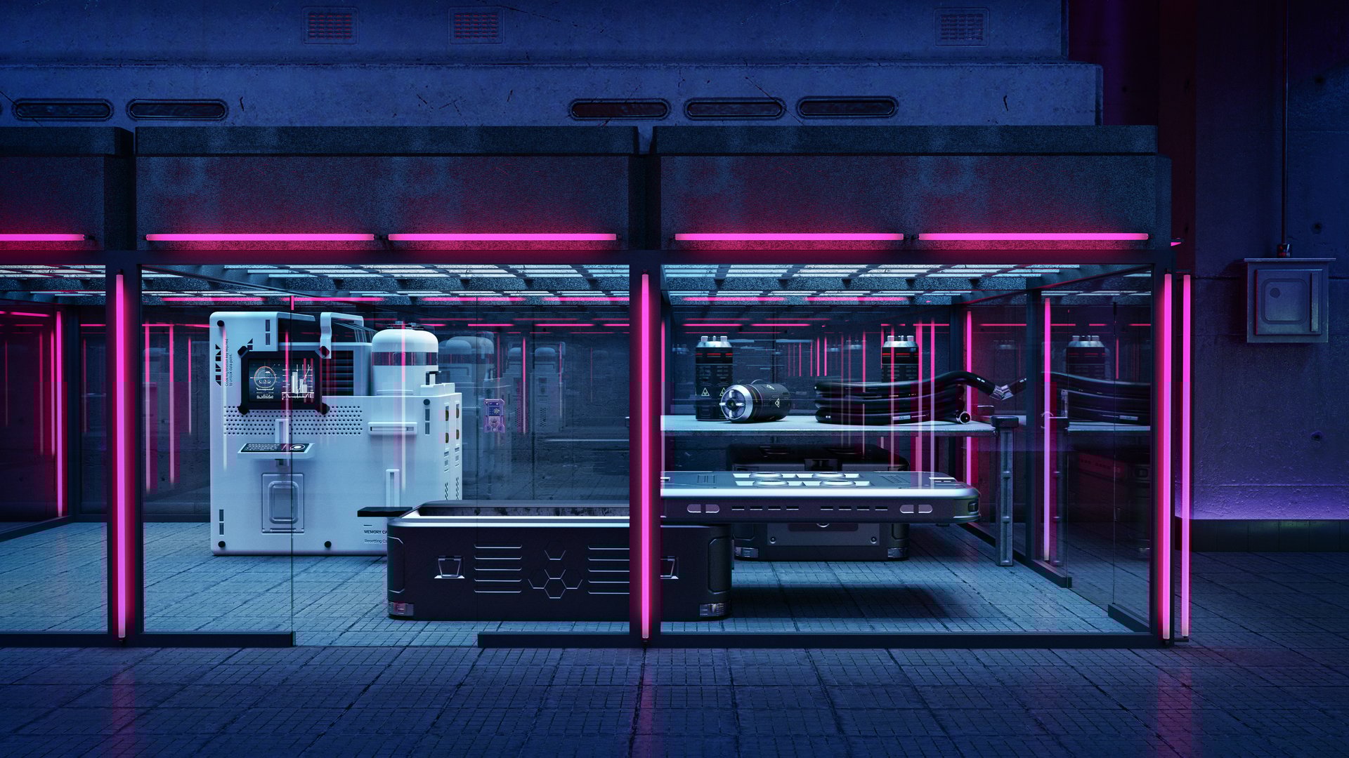 Room full of cloning equipment with glass walls in a cyberpunk futuristic medical laboratory. 3D rendering.