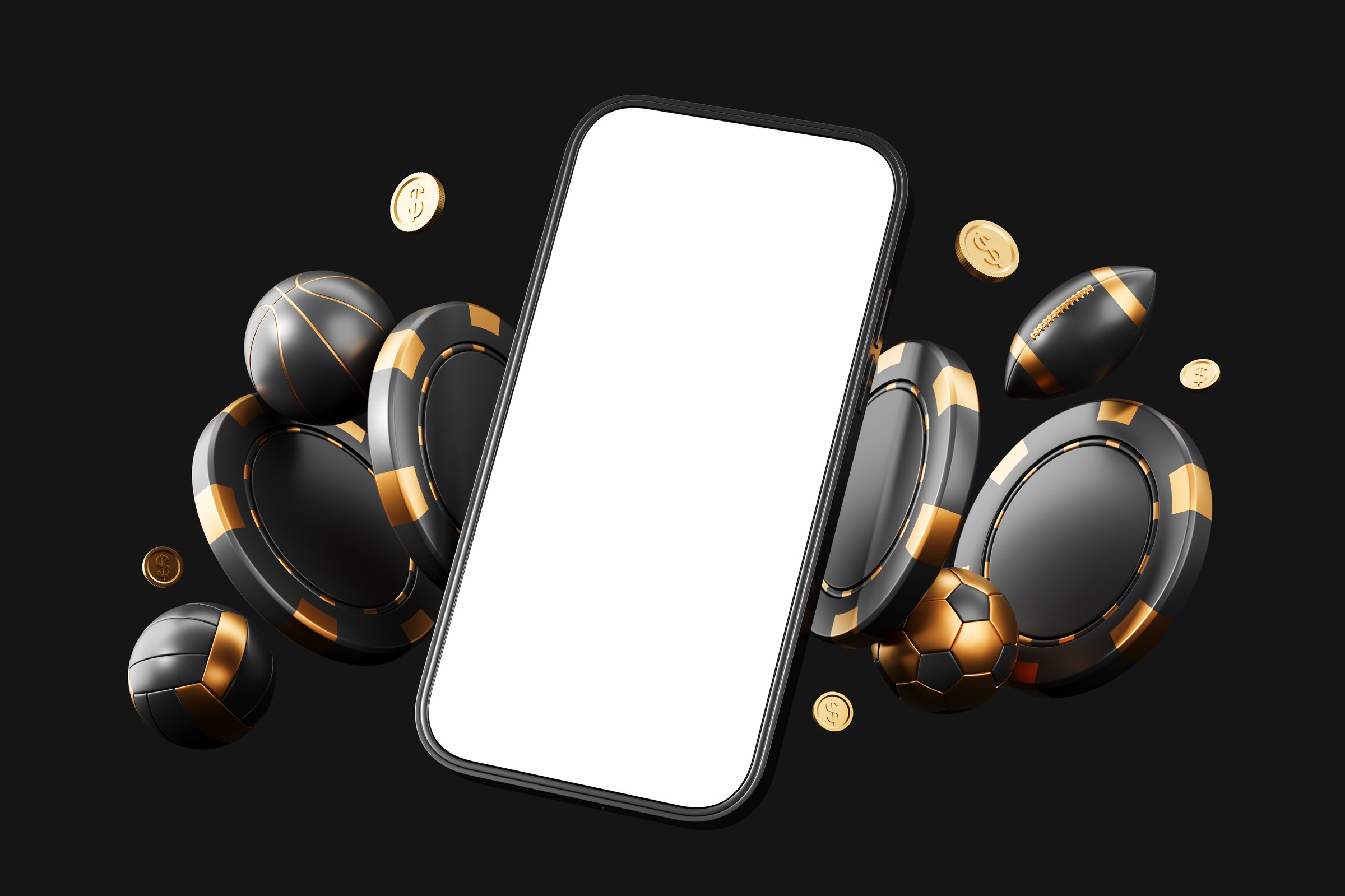 Modern smartphone with blank screen surrounded by gold- casino chips, coins, and sports balls on dark background. Concept of gambling and betting. 3D Rendering