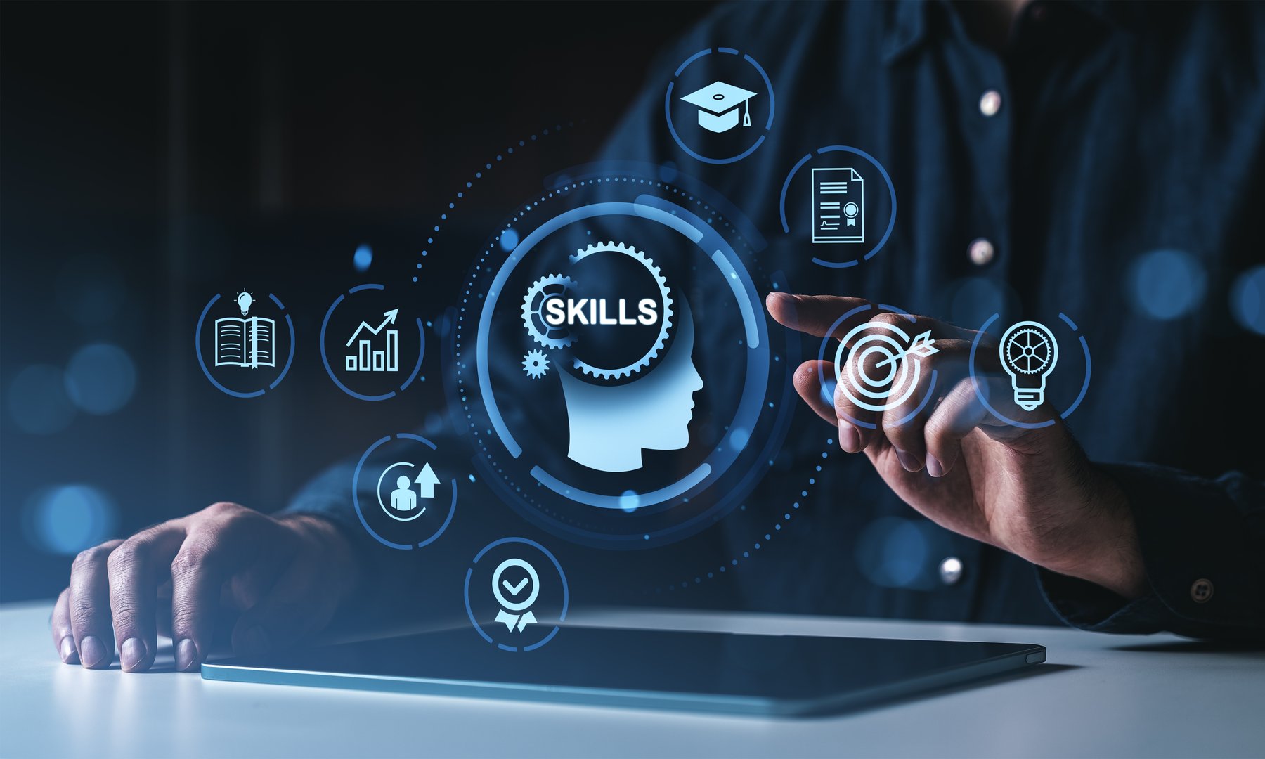 A person interacting with digital skill development icons, futuristic graphic style, displayed over a dark background, concept of education and growth