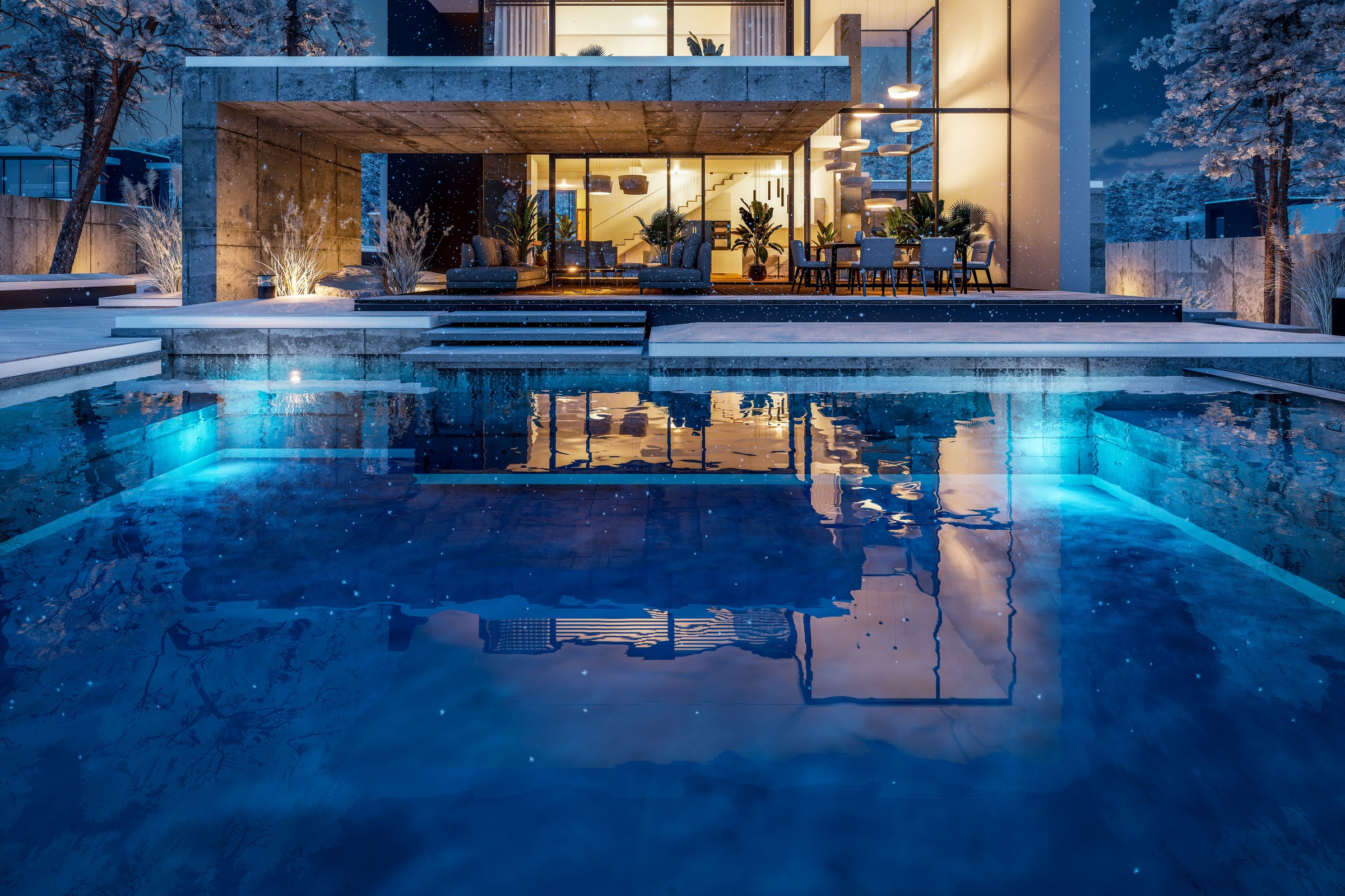 3d rendering of flat roof house with parking and pool for sale or rent with concrete facade and beautiful landscaping on background. Cool winter night with stars and snow in sky