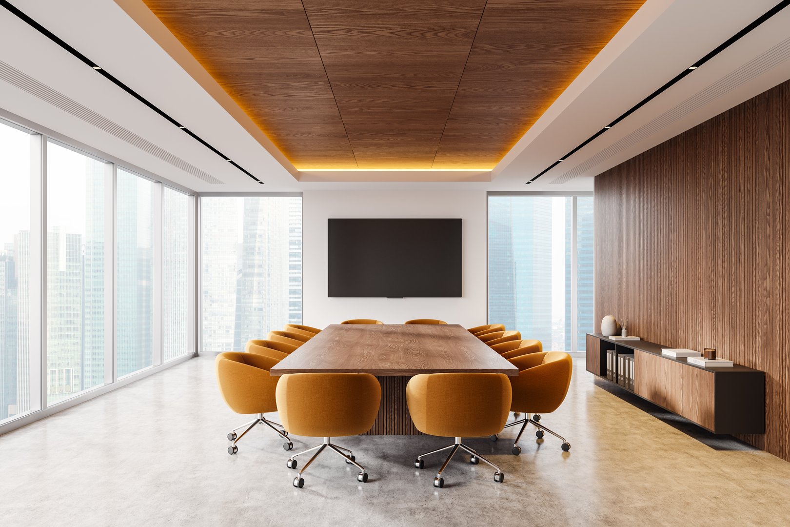 A spacious conference room featuring a wooden table and orange chairs, brightened by natural light. 3D Rendering