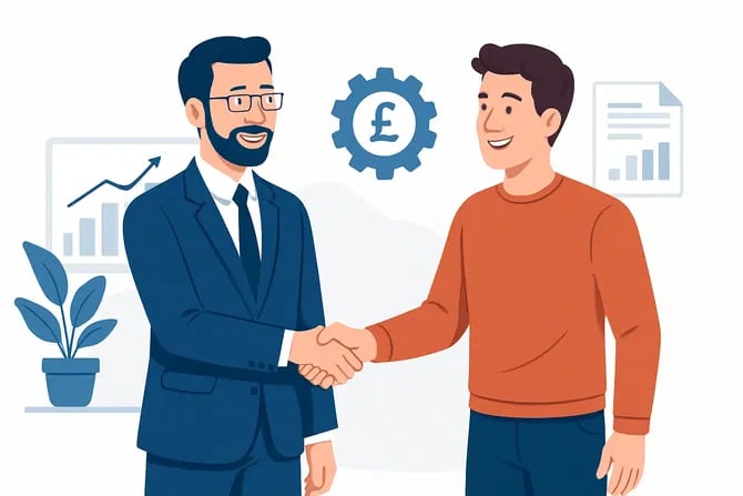 Illustration of two men shaking hands in an office setting with financial charts and a currency symbol in the background.