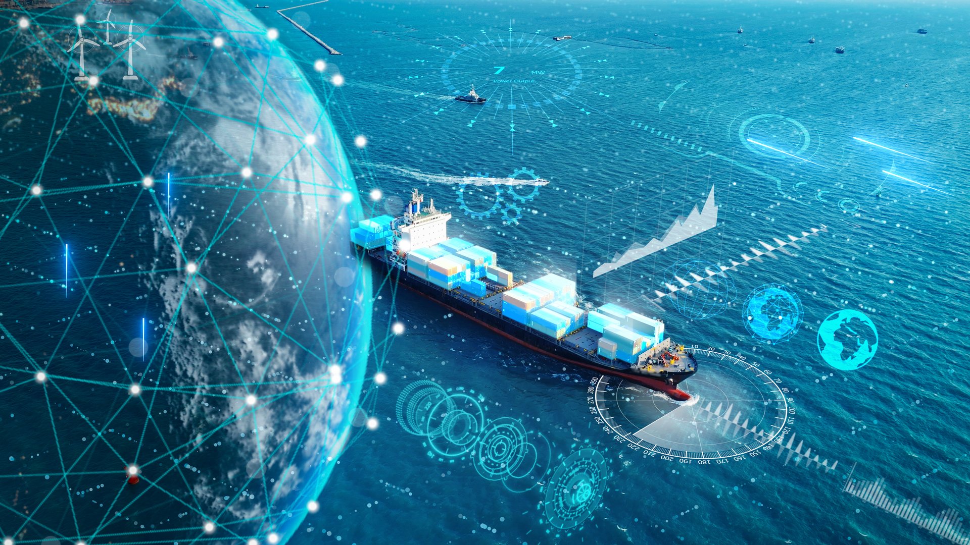 AI Cargo ship technology. Global Logistics international delivery concept