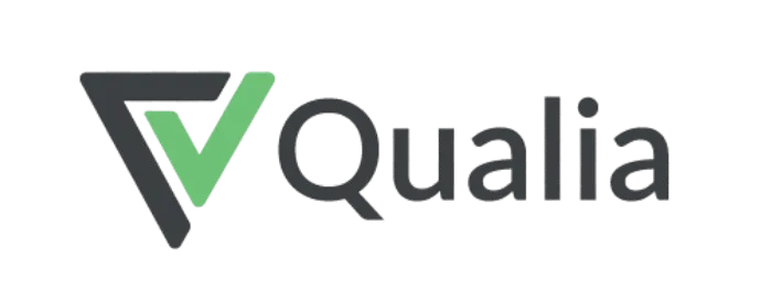 Qualia logo with a stylized green checkmark symbol and black text on a transparent background.