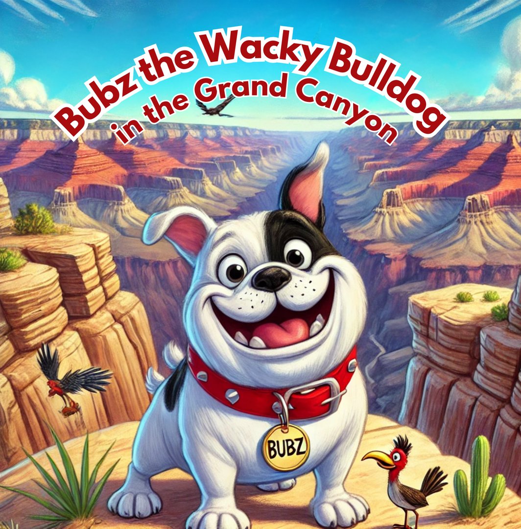 Illustration of a cheerful bulldog named Bubz in the Grand Canyon with birds flying around.