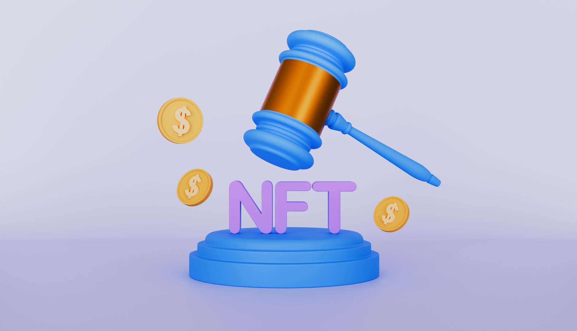 NFT on podium, auction gavel and gold coins floating concept