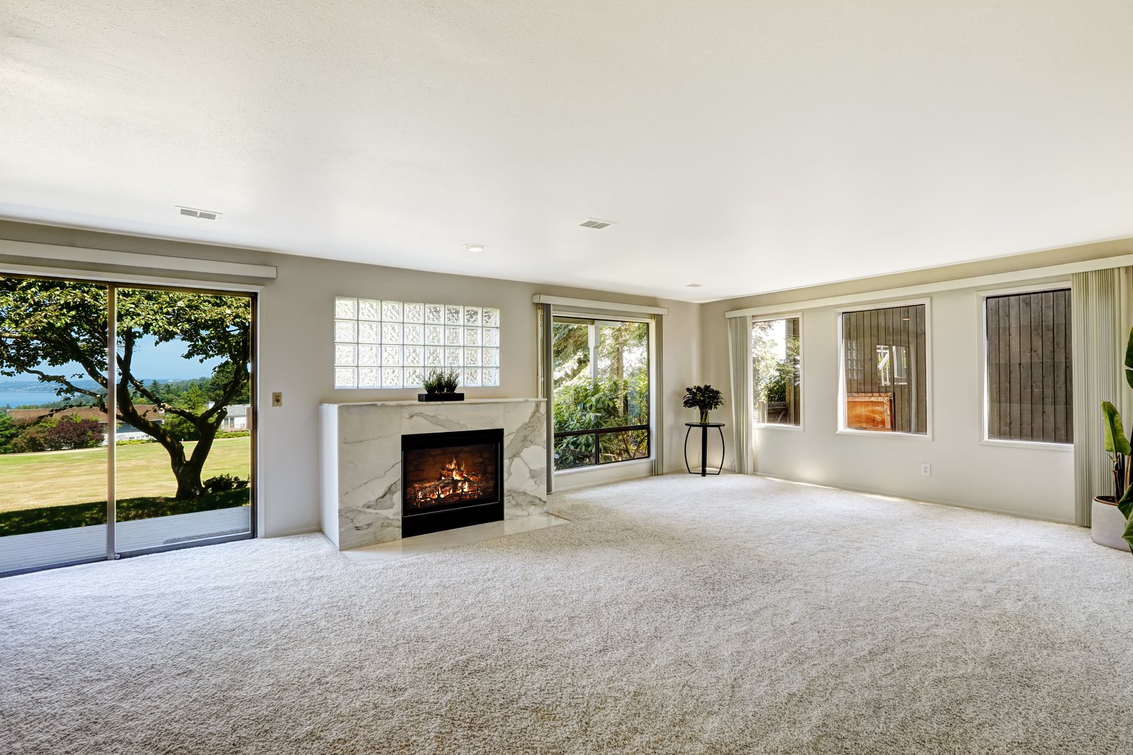 Bright room with carpet and fireplace