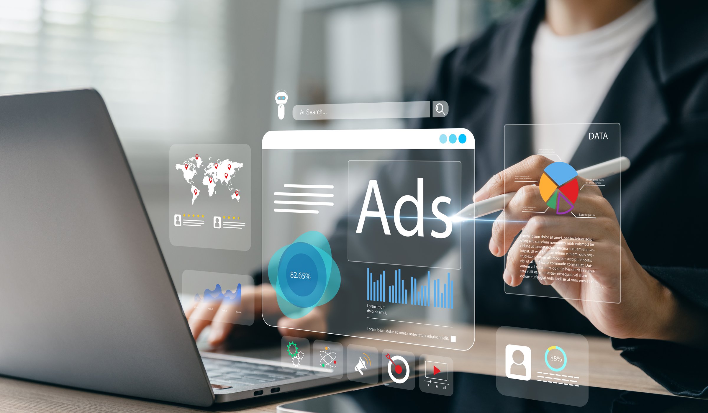 Digital marketing concept, Businesswoman using laptop with Ads dashboard digital marketing strategy analysis for branding.