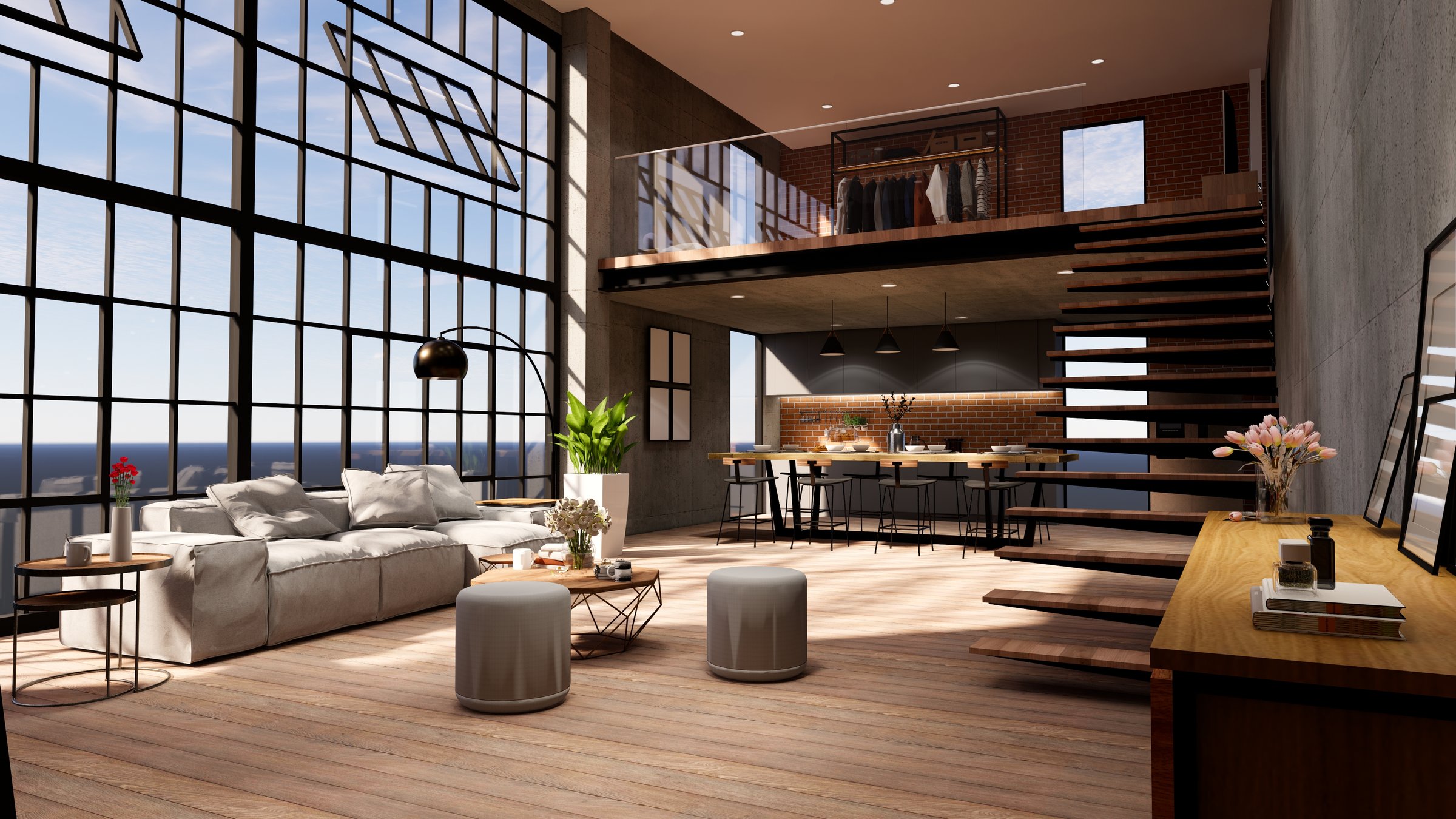 Interior Empty Modern Loft Office open space modern office footage.Modern open concept Lobby and reception area meeting room design. 3D Rendering .