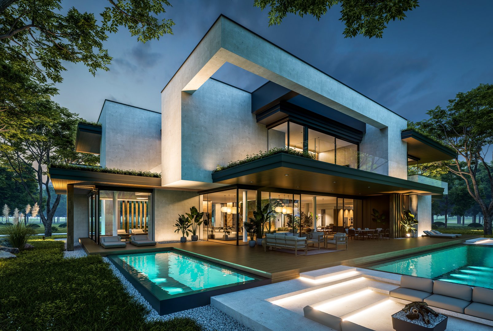 3d rendering of two-story house with parking and pool for sale or rent with concrete facade and beautiful landscaping. Clear summer night with many stars on the sky