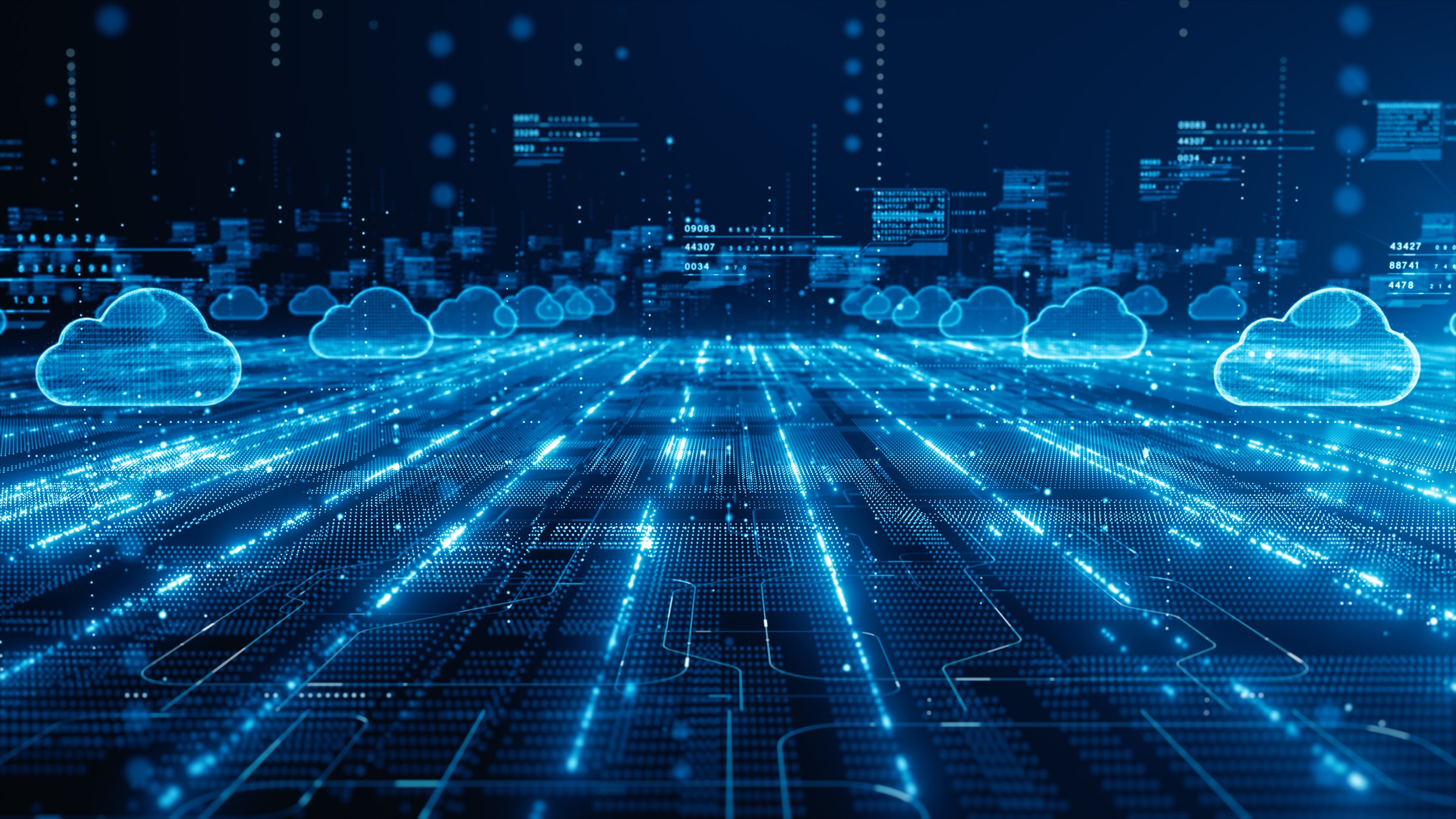 Futuristic cloud computing network with glowing digital pathways, representing cloud technology, data flow, and global connectivity. Cybersecurity digital data background, 3D Rendering