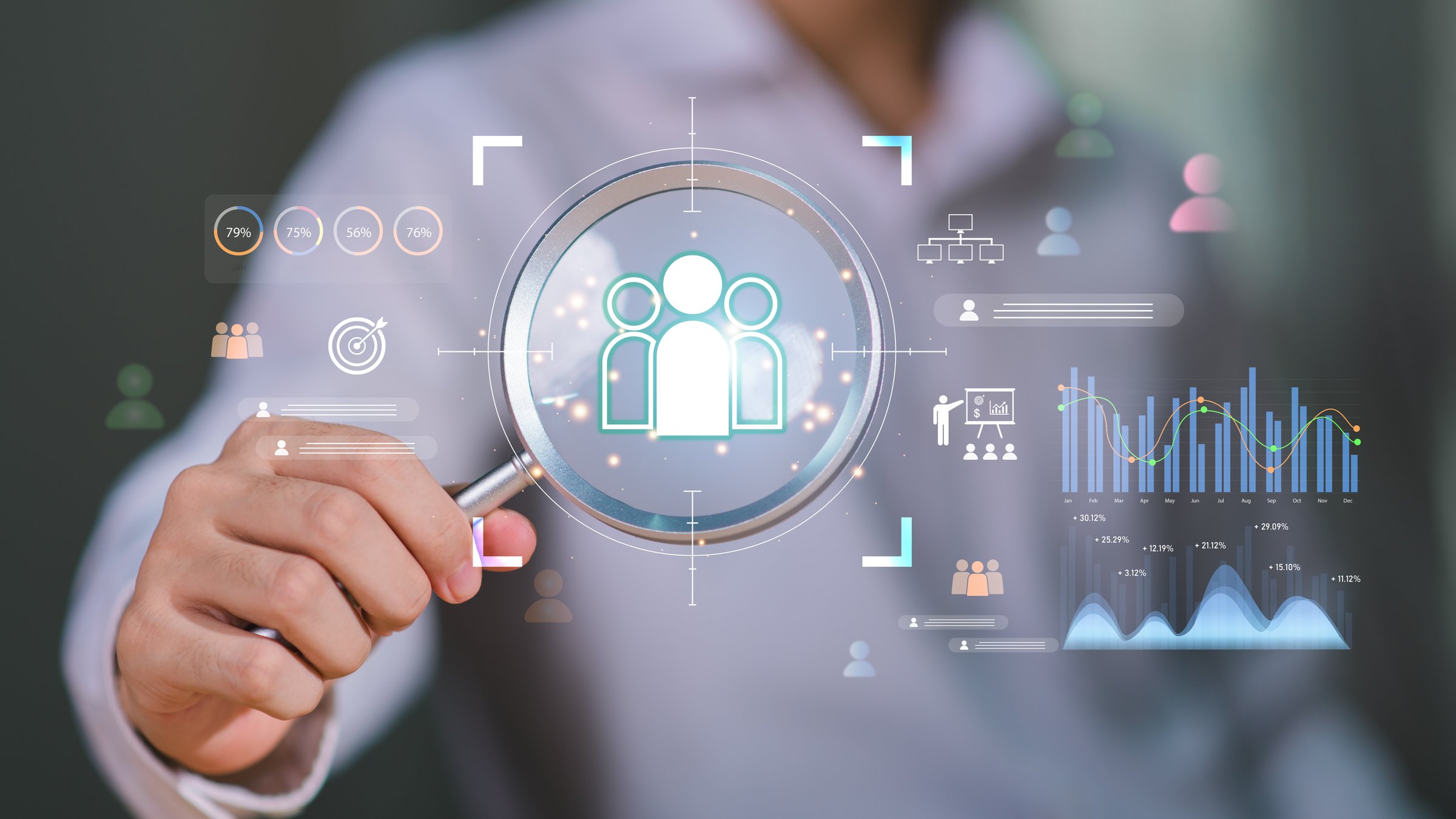 People icon with analytics and data visualization elements, representing customer analysis, target audience research, marketing strategy, data-driven decision-making for sustainable business growth