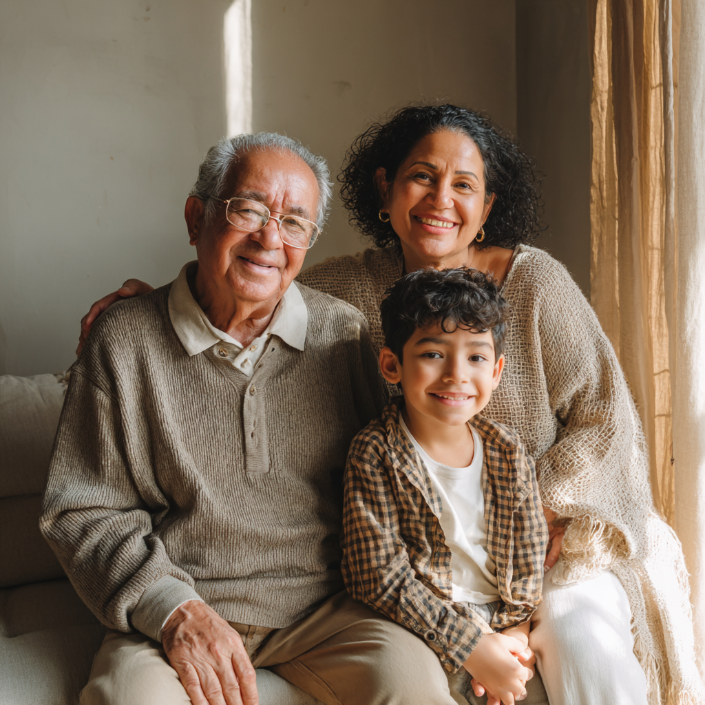 Familia latina de tres generaciones juntas - abuelos, padres e hijos