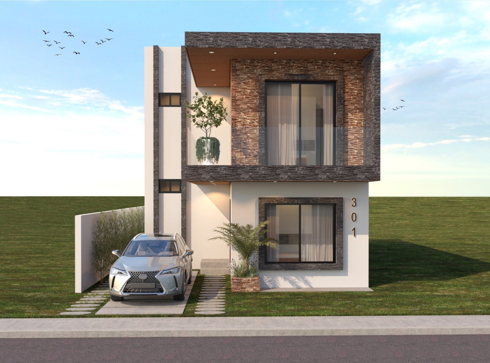 Modern two-story house with stone accents, large windows, and a car parked in the driveway, set against a grassy landscape.