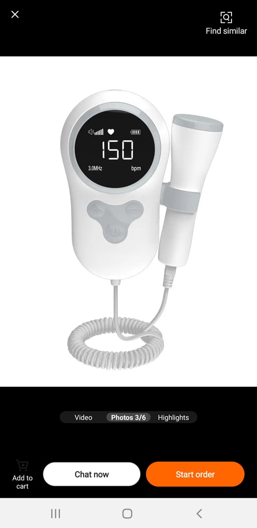 A handheld fetal doppler monitor displaying a heart rate of 150 bpm, with a probe attached by a coiled cable.