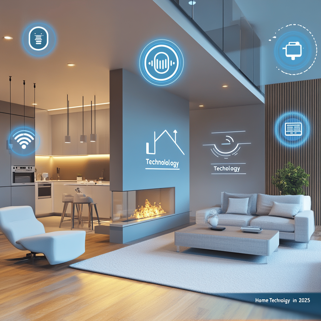 Modern smart home interior with digital technology icons, featuring a living room and kitchen with sleek decor.