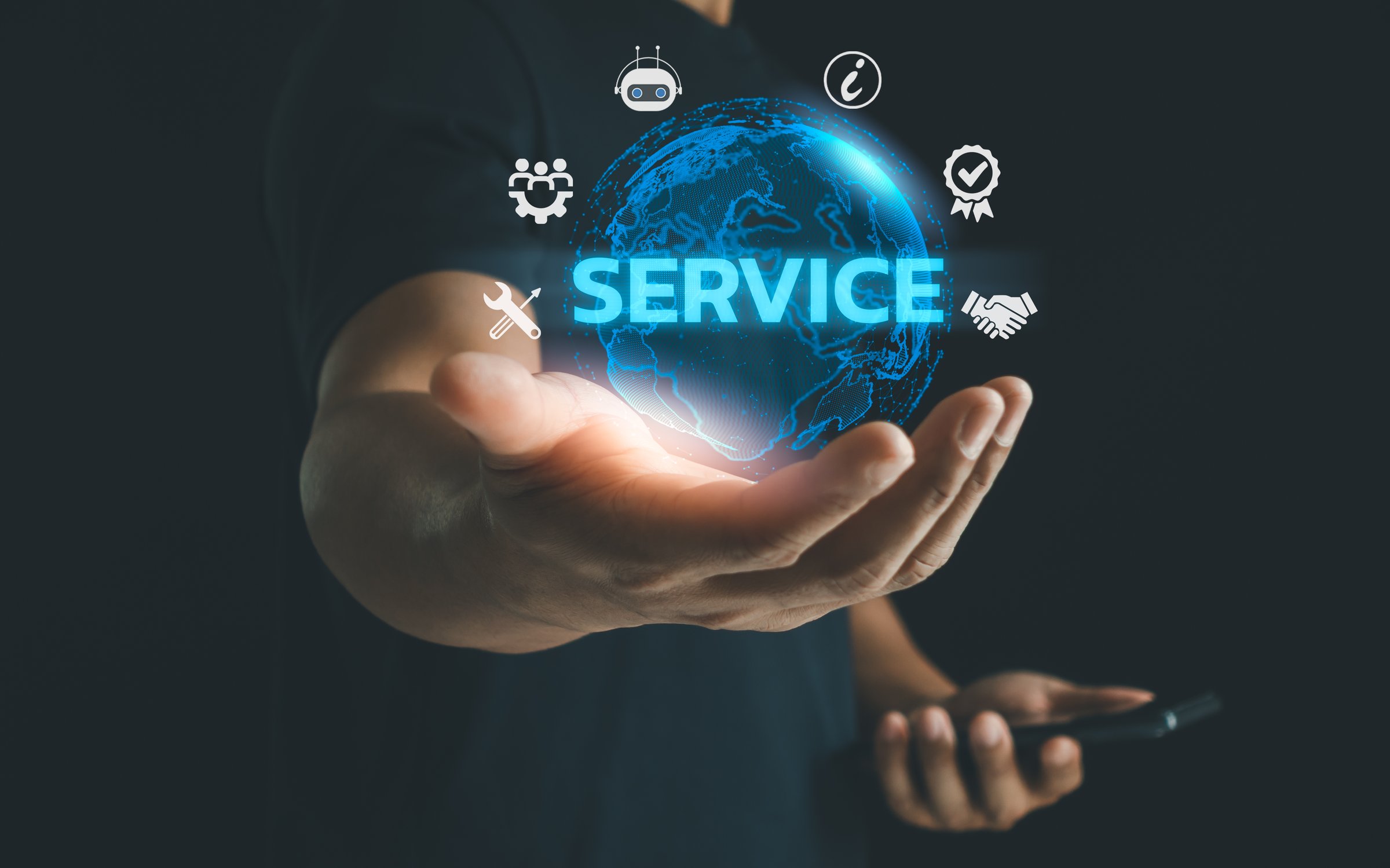 Digital customer service concept with glowing hologram earth and technical service icons, business support, online technology, innovation, global connection for corporate communication and solutions.