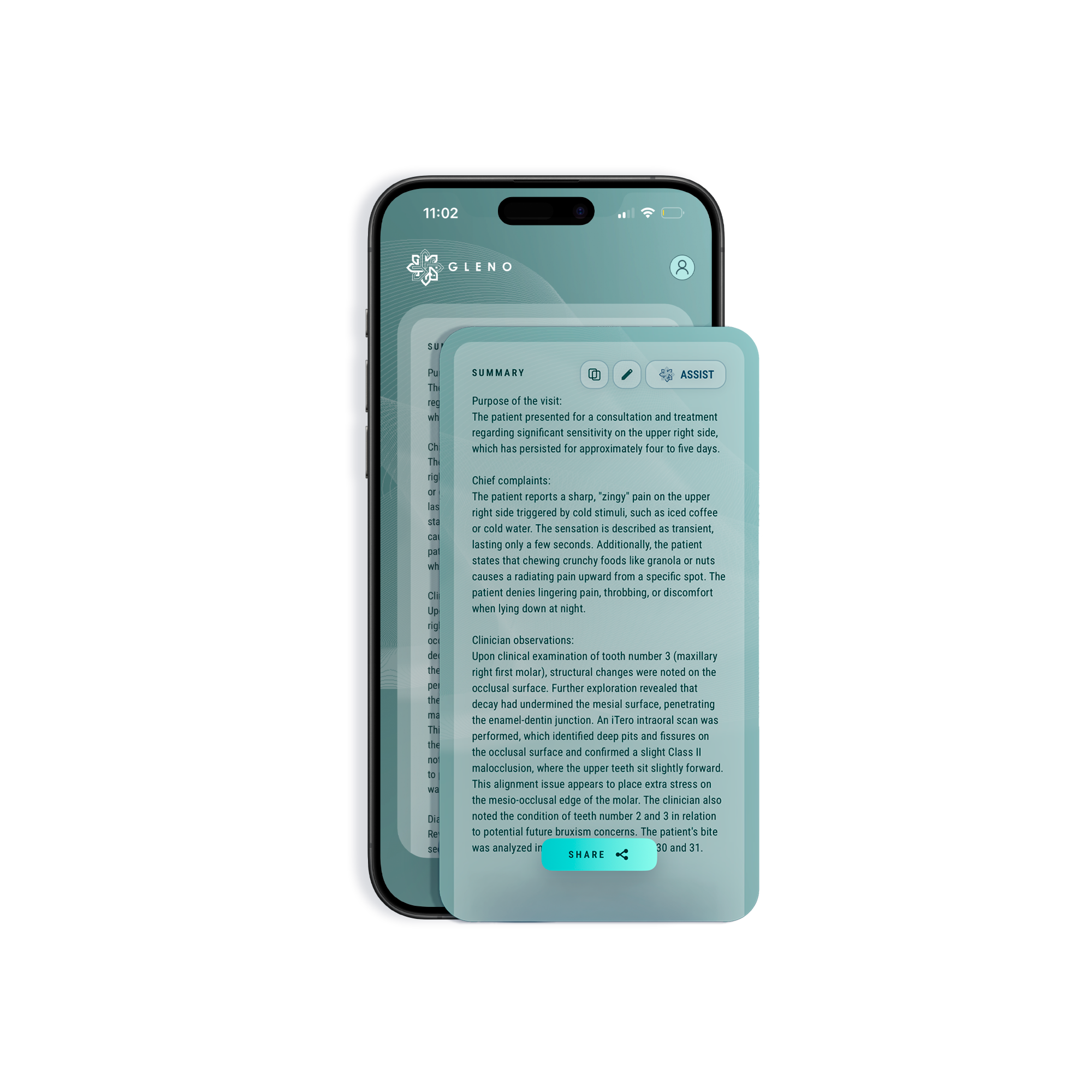 Gleno app on phone showing dental documentation interface