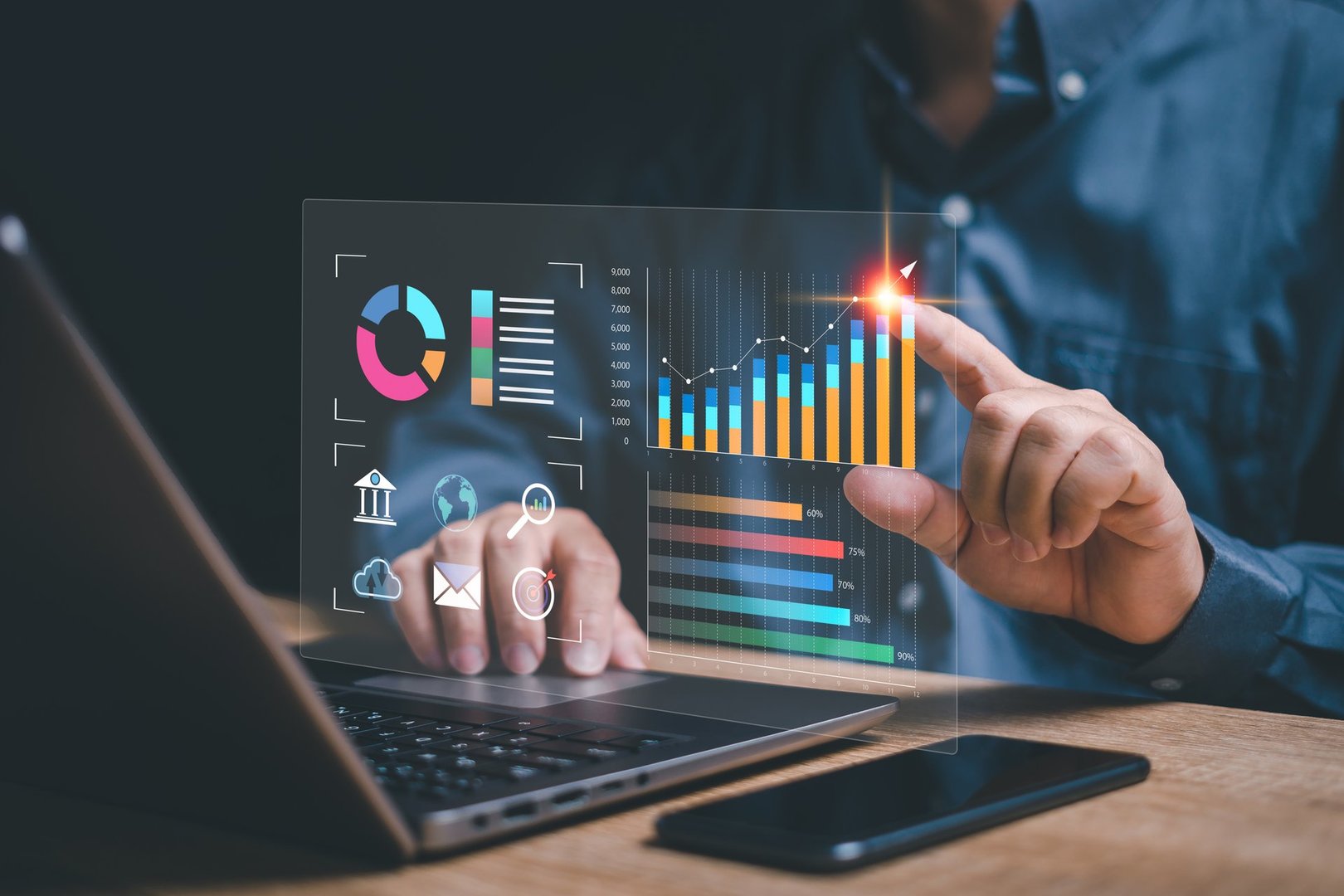 Digital marketing and data management Businessman use laptops to work marketing analysis chart strategic planning for sustainable development and financial and investment competition digital marketing