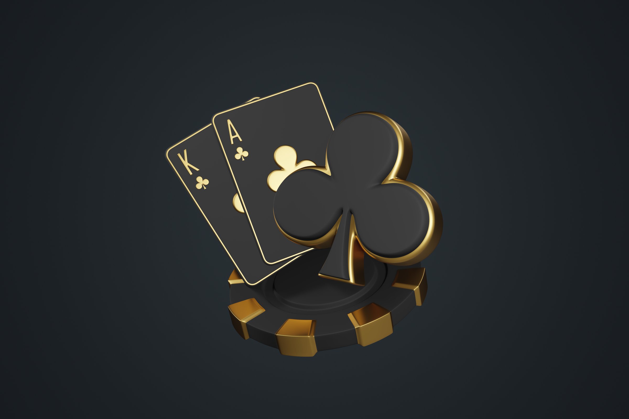 Stylish and sophisticated black and gold playing cards featuring the king and ace of clubs with a matching poker chip on a dark background. 3D render illustration