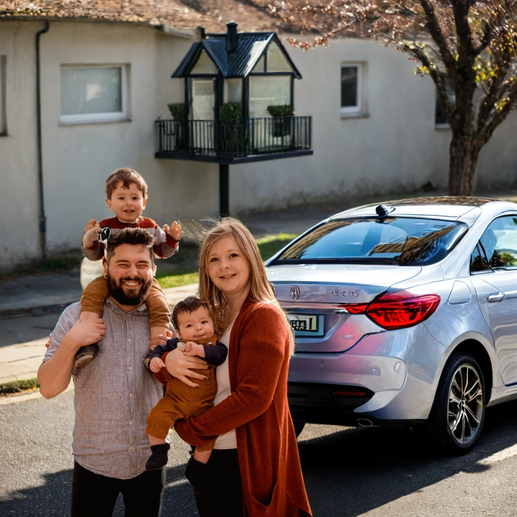 Family with two children posing happily on a street beside a parked car. The father carries a child on his shoulders.