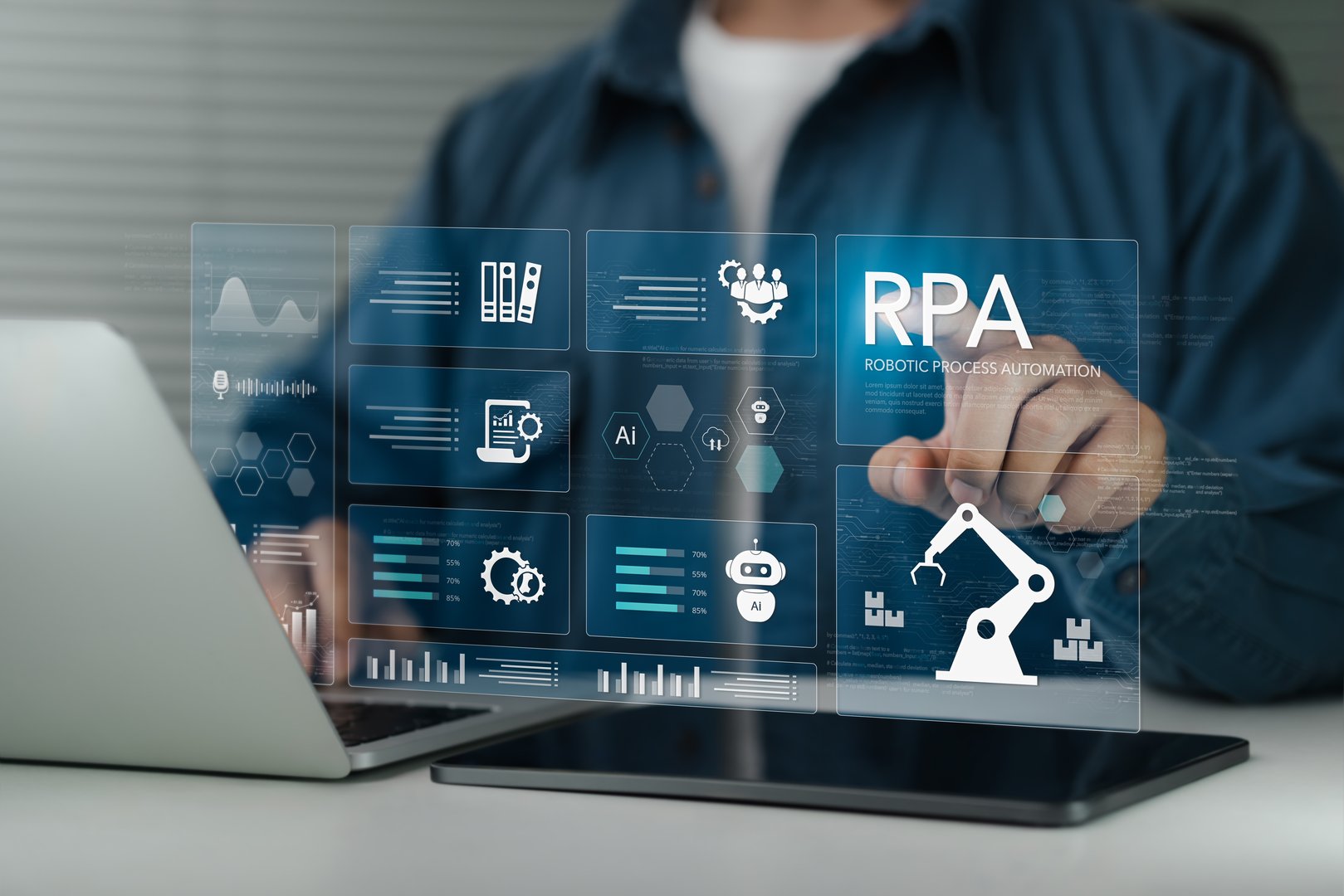 RPA Robotic process automation innovation technology concept. Businessman working on laptop using automate software system business for business and industrial workflow optimization.