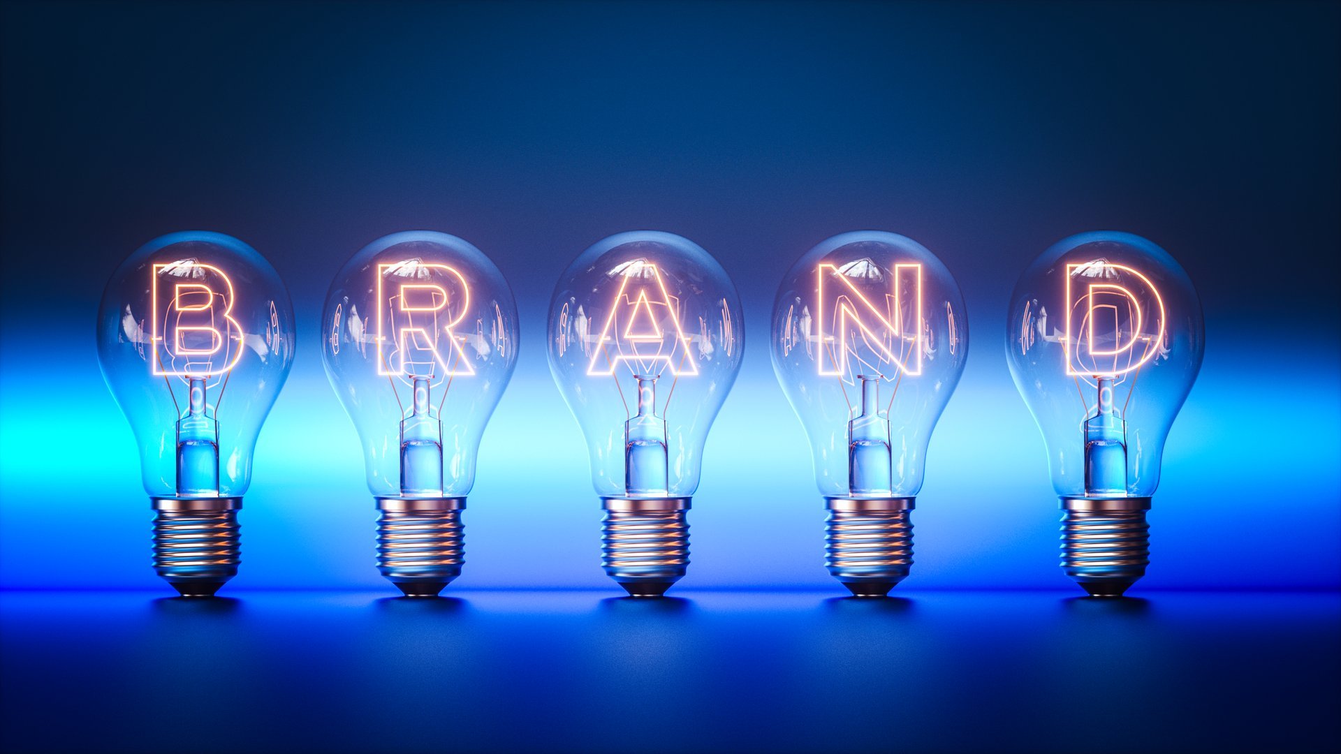 This 3D render shows a series of light bulbs aligned side by side, each containing a glowing letter. Together, they spell out the word "BRAND," representing a bright and visually striking concept. The illuminated bulbs create a sense of energy and visibility, symbolizing the power and presence of a strong brand in the marketplace.
