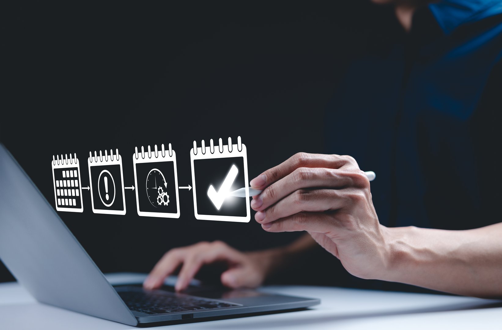 Calendar and agenda scheduling concept. A person interacts with a virtual calendar, organizing tasks and appointments, representing scheduling, task management, time optimization, and agenda meetings.