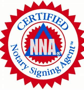 Circular badge with a red starburst design featuring Certified Notary Signing Agent and NNA text in blue and red.