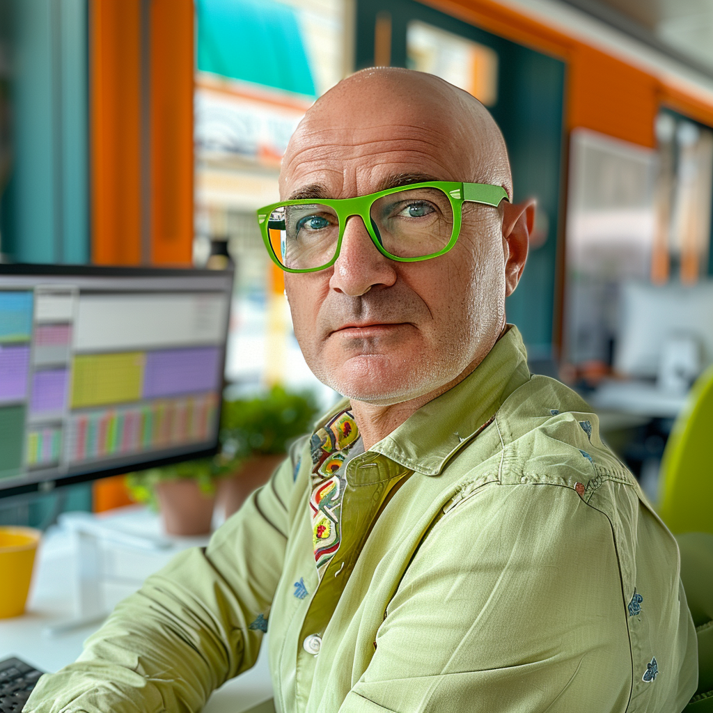 Bald man with green glasses and a green shirt at a desk with computer monitors showing colorful spreadsheets.