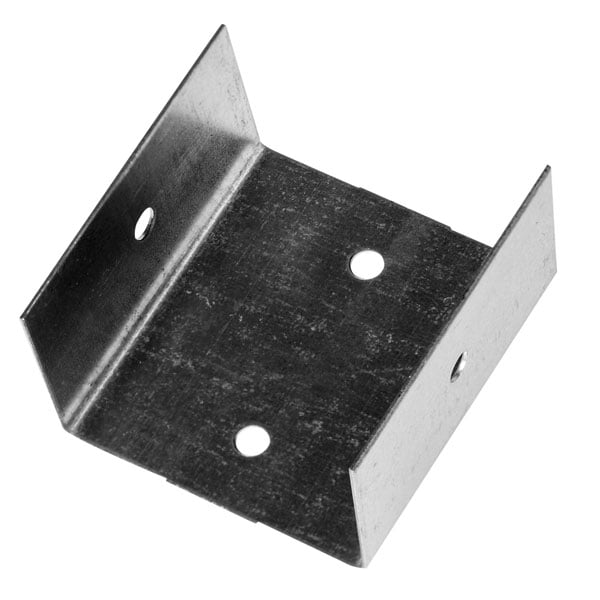 A metal, U-shaped bracket with flanges and three holes for mounting purposes, viewed from an elevated angle.