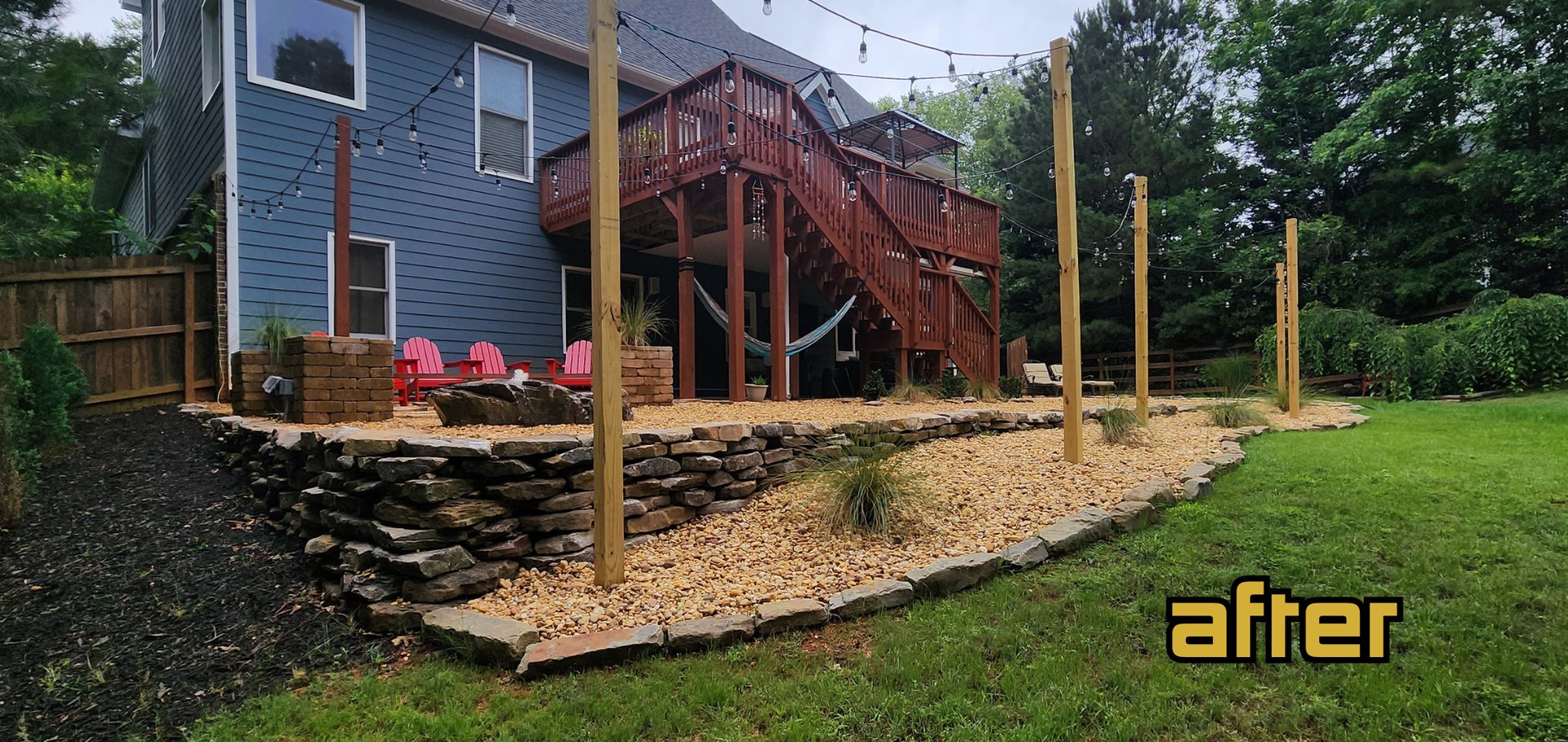 Rock Wall, Water Feature, and Corn Hole Lane - Complete backyard renovation in Cartersville Georgia