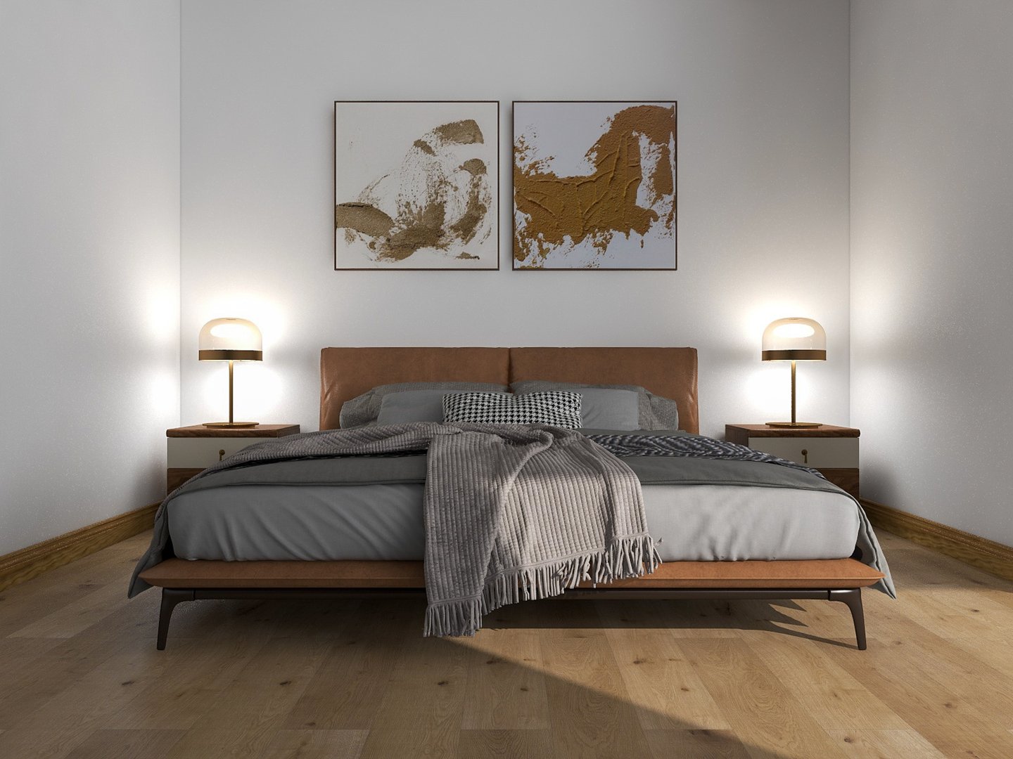 Modern and cozy bedroom with plush bed and artwork