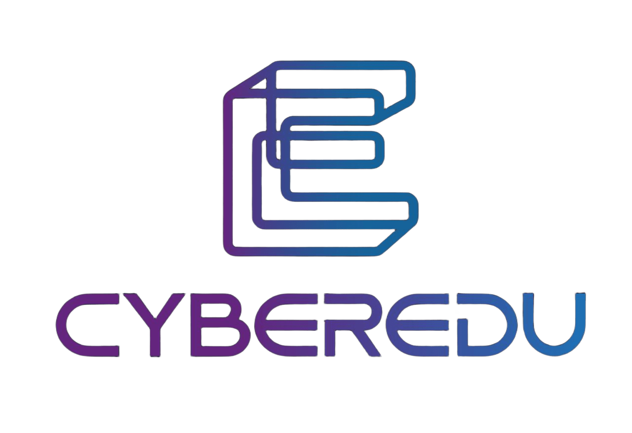 Logo with stylized letter E above the word CYBEREDU in a gradient of purple to blue colors.