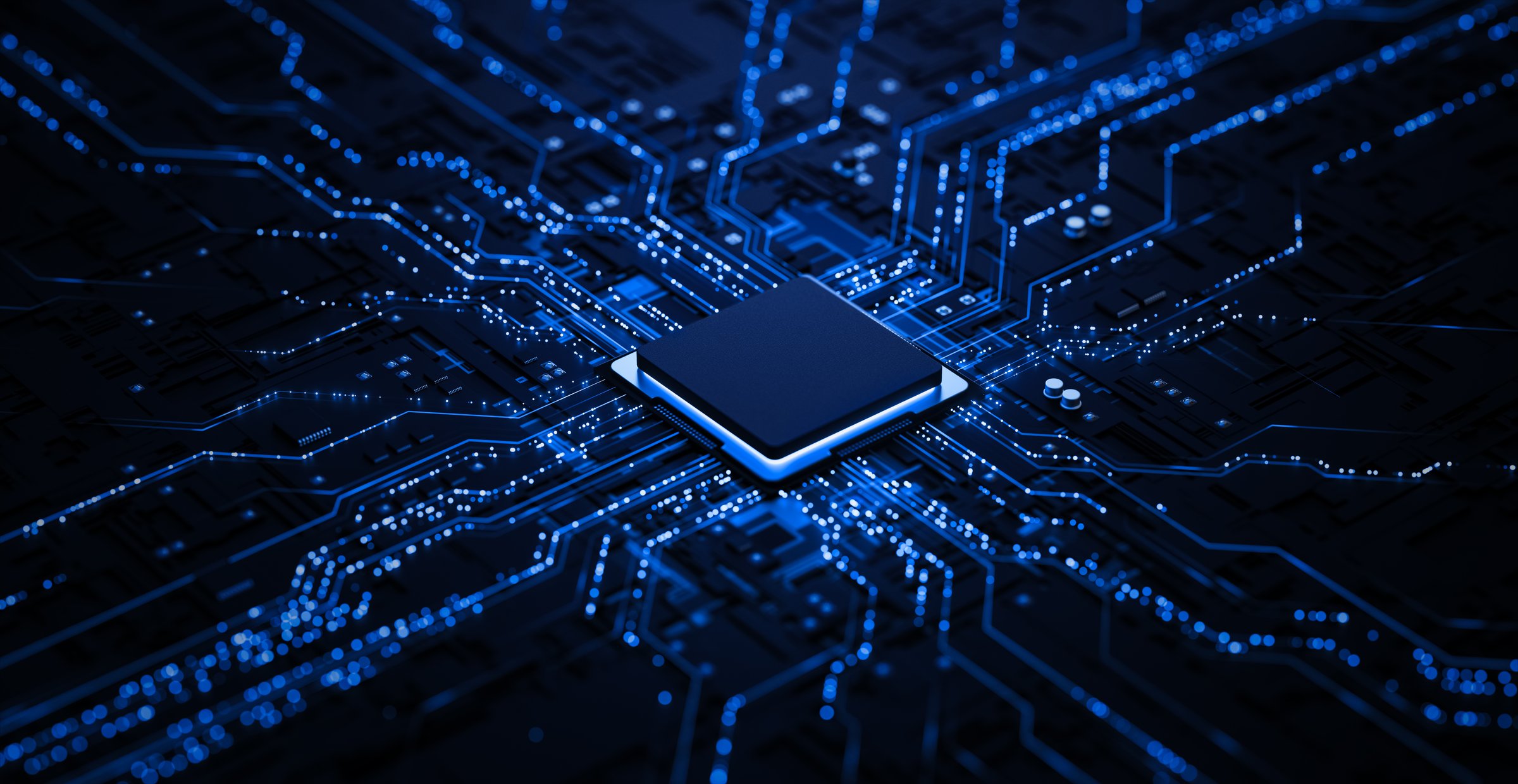 Processor chip on circuit board with copy space for design.