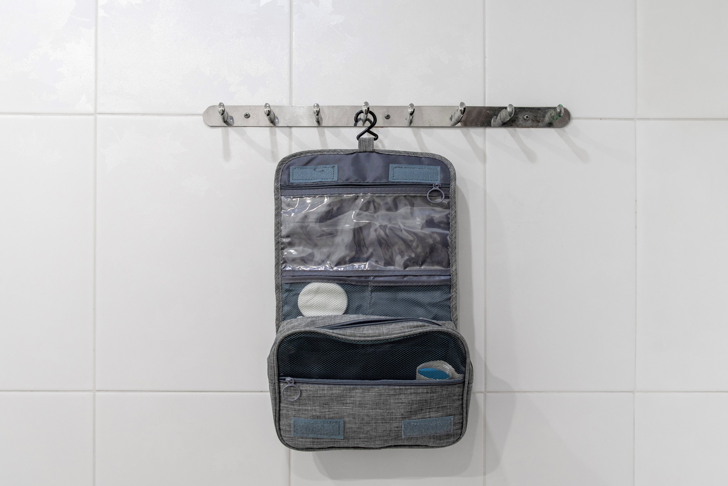 Gray hanging travel organizer bag