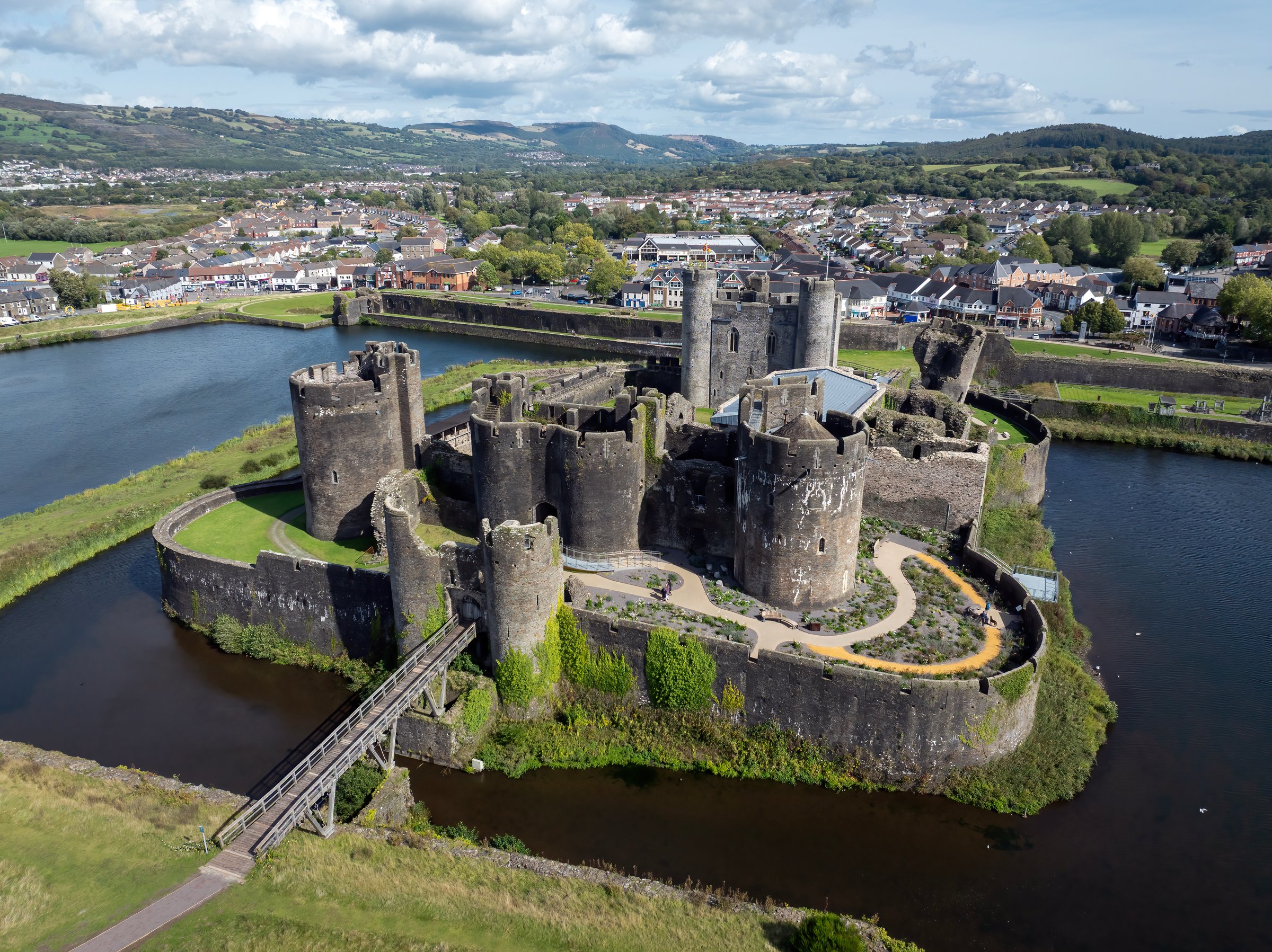 Caerphilly Castle in Wales - drone view of medieval castle