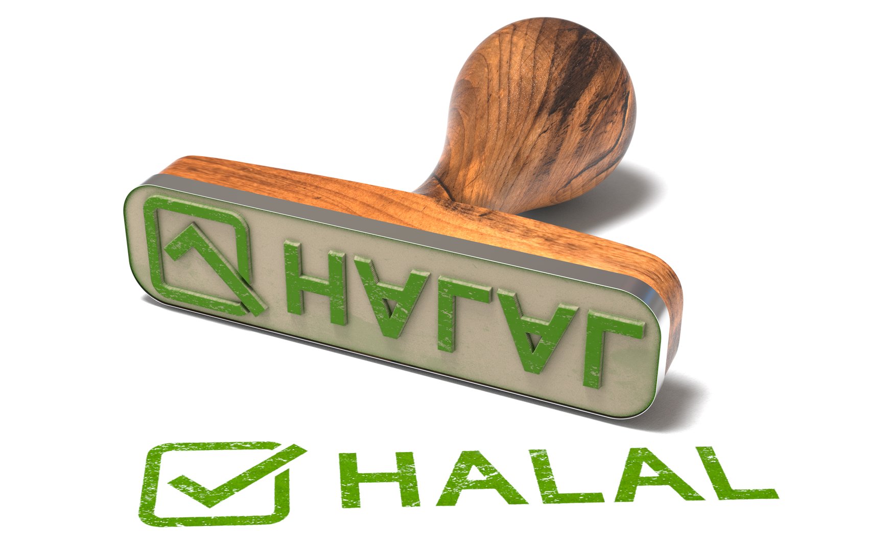 Rubber stamp with the word Halal over white background, Islamic law and Sharia compliant concept. 3d illustration