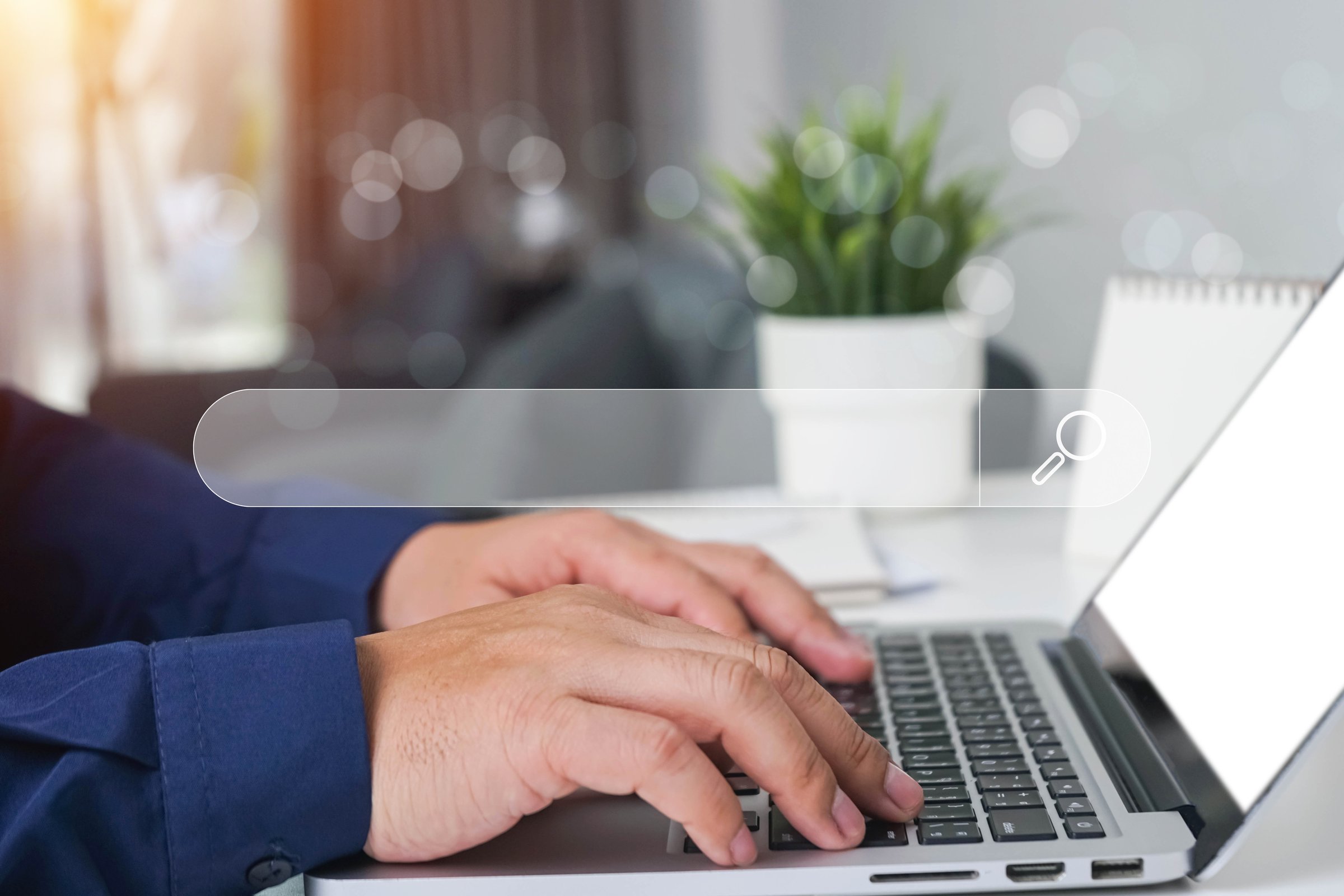 Data search technology search engine optimization concept. Man using laptop with virtual Search bar for on website online. SEO search engine optimization concept. Marketing ranking traffic website.