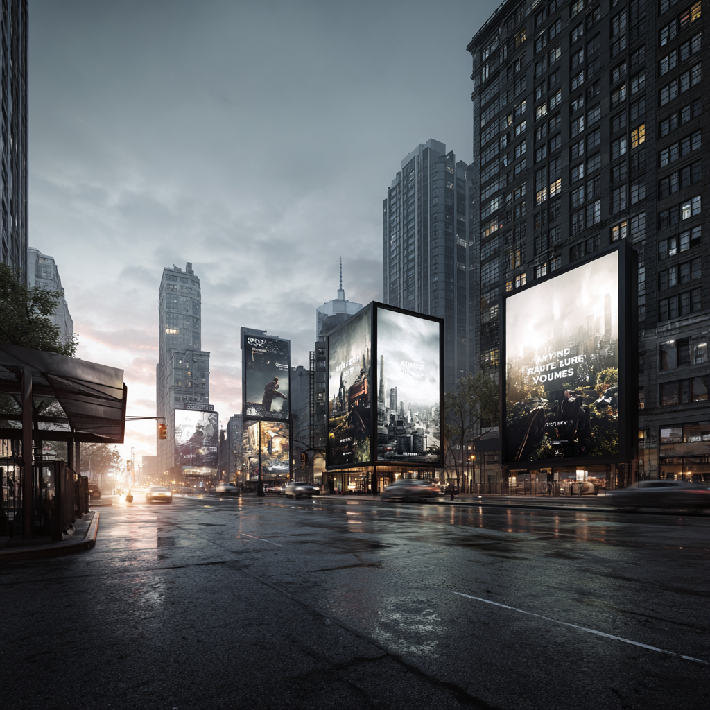 Cinematic urban scene showing multiple outdoor advertising placements