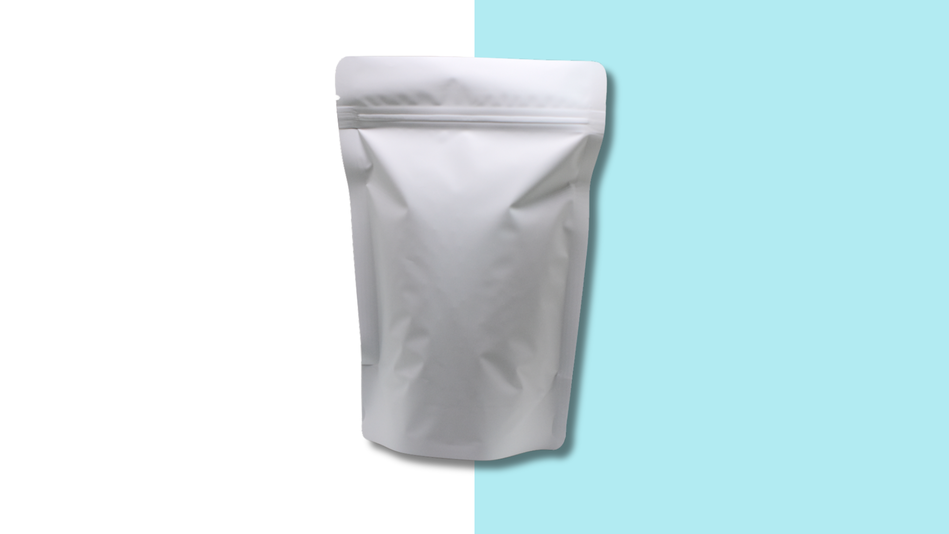 A white, stand-up pouch with a resealable zipper, set against a split white and light blue background.