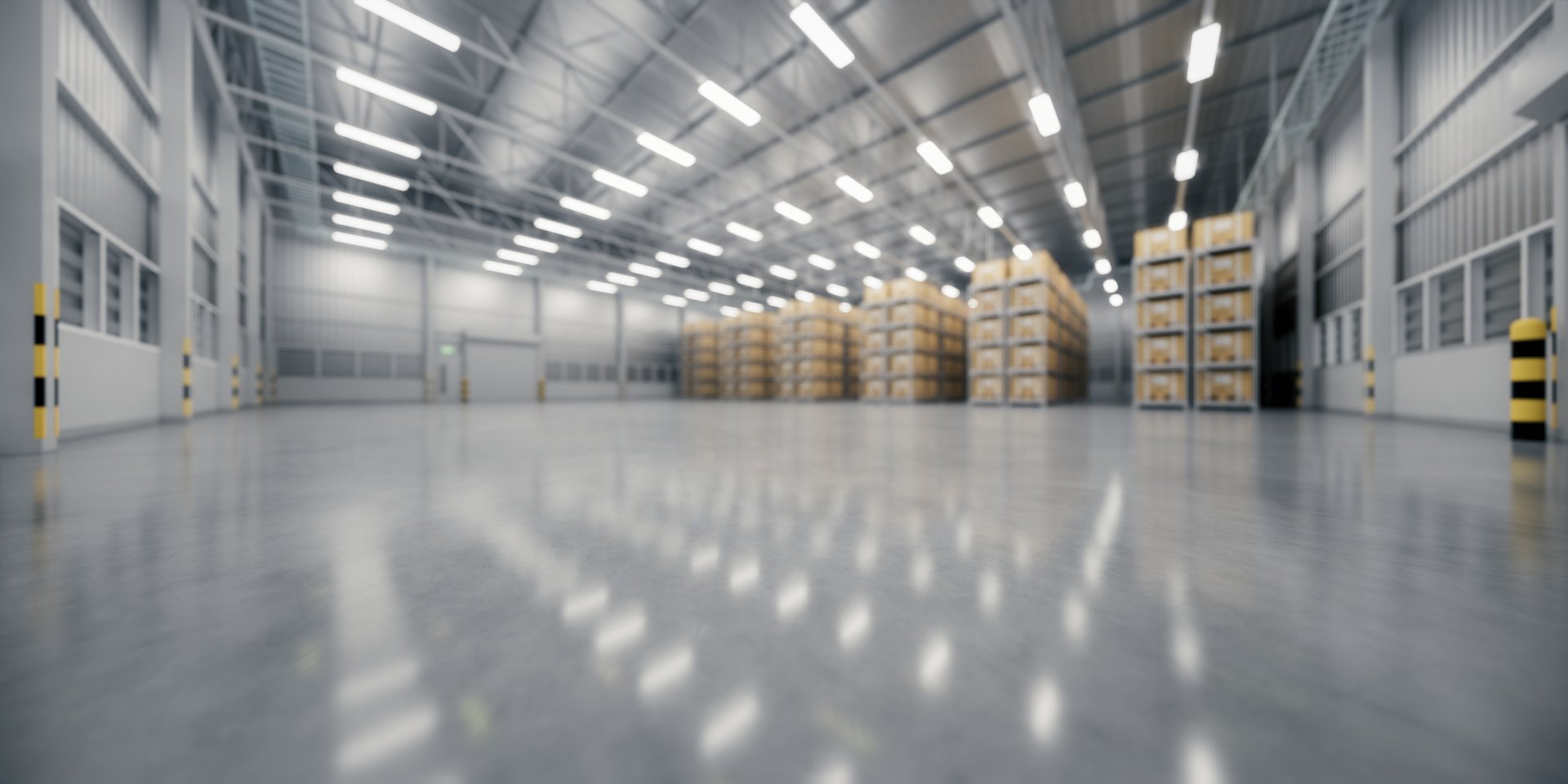 3d rendering blur background of warehouse industry building interior. known as distribution center, retail warehouse. Included cardboard box on shelf, empty space on concrete floor suit for background.