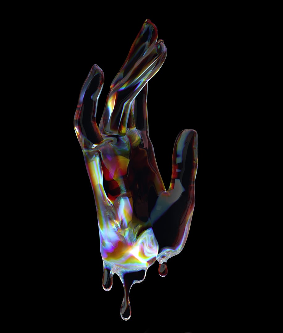 3d render holographic abstract futuristic design idea. Colorful paint textured transparent liquid hand, 3d rendering concept.