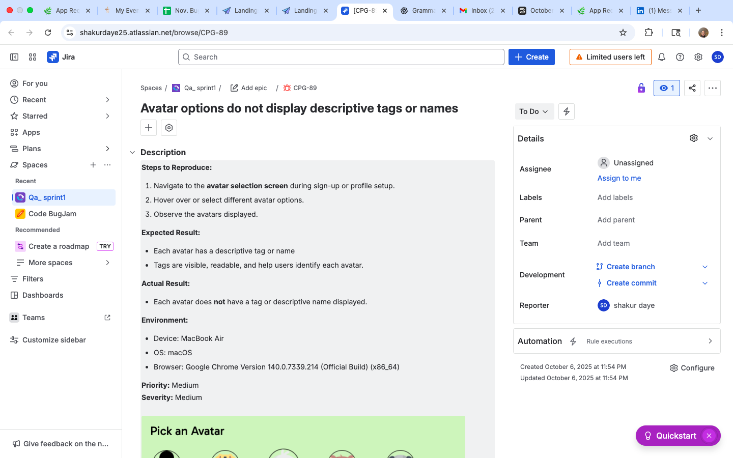 Bug report documentation screenshot 2
