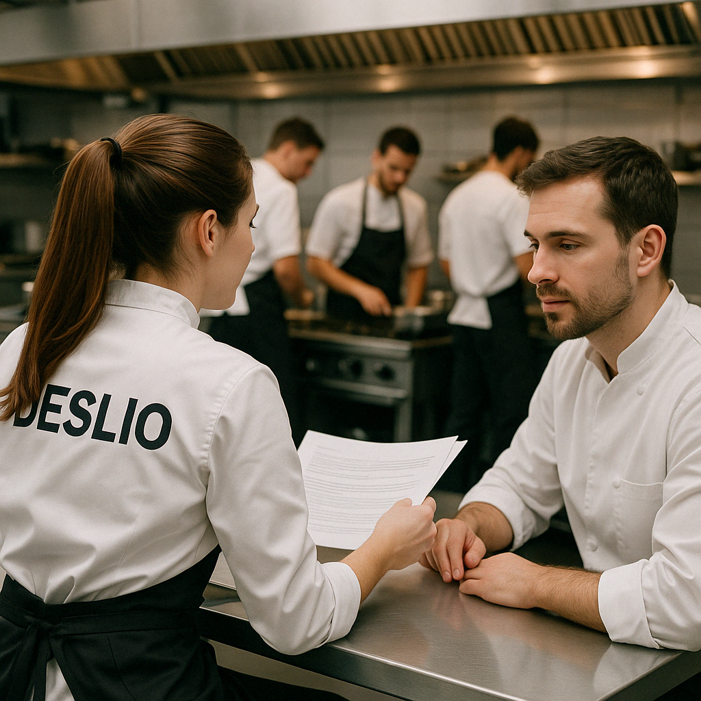 Two chefs in a kitchen reviewing a document, with others cooking in the background.