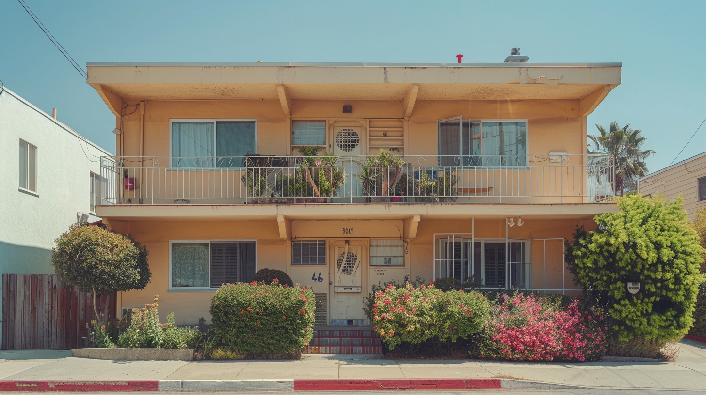 Older Los Angeles apartment building with visible signs of deferred maintenance and aging exterior