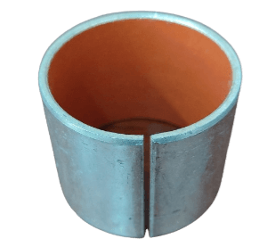 A cylindrical metal bushing with a copper interior lining and a vertical slit along its side, viewed from above.