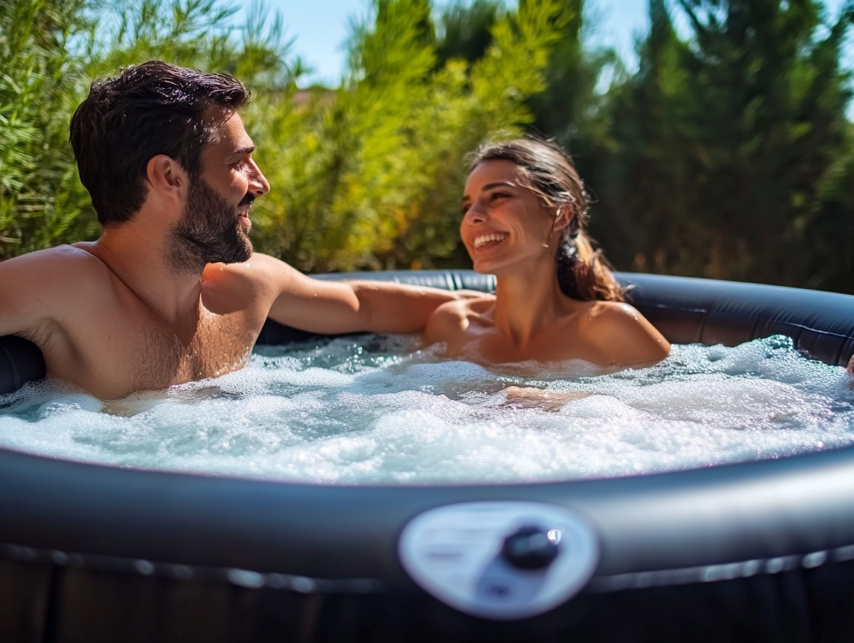 A couple relaxes in an outdoor inflatable hot tub, surrounded by lush greenery, smiling at each other.