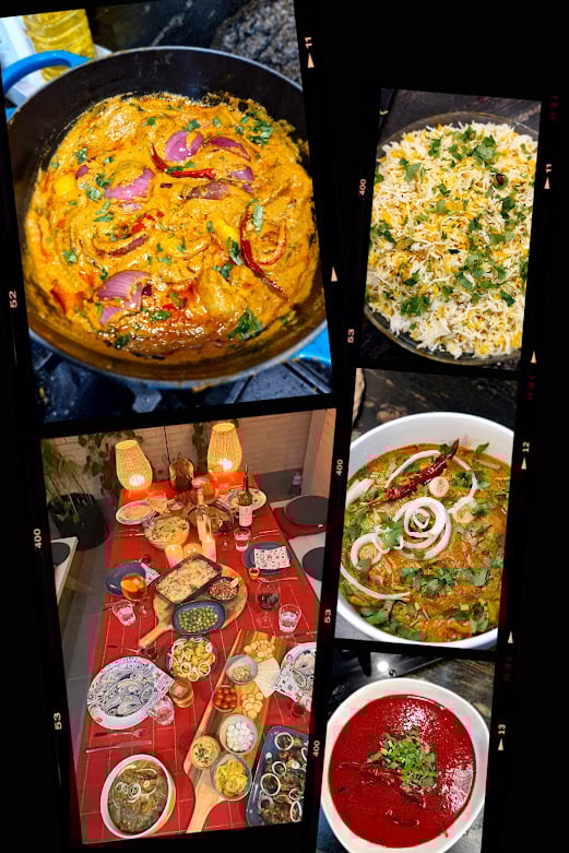 Collage of various Indian dishes including curry, biryani, soup, and a dining table set with food and decorations.