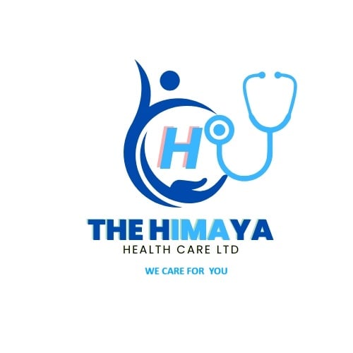 Logo of The Himaya Healthcare Ltd featuring a stylized person, stethoscope, and text We Care For You in blue.